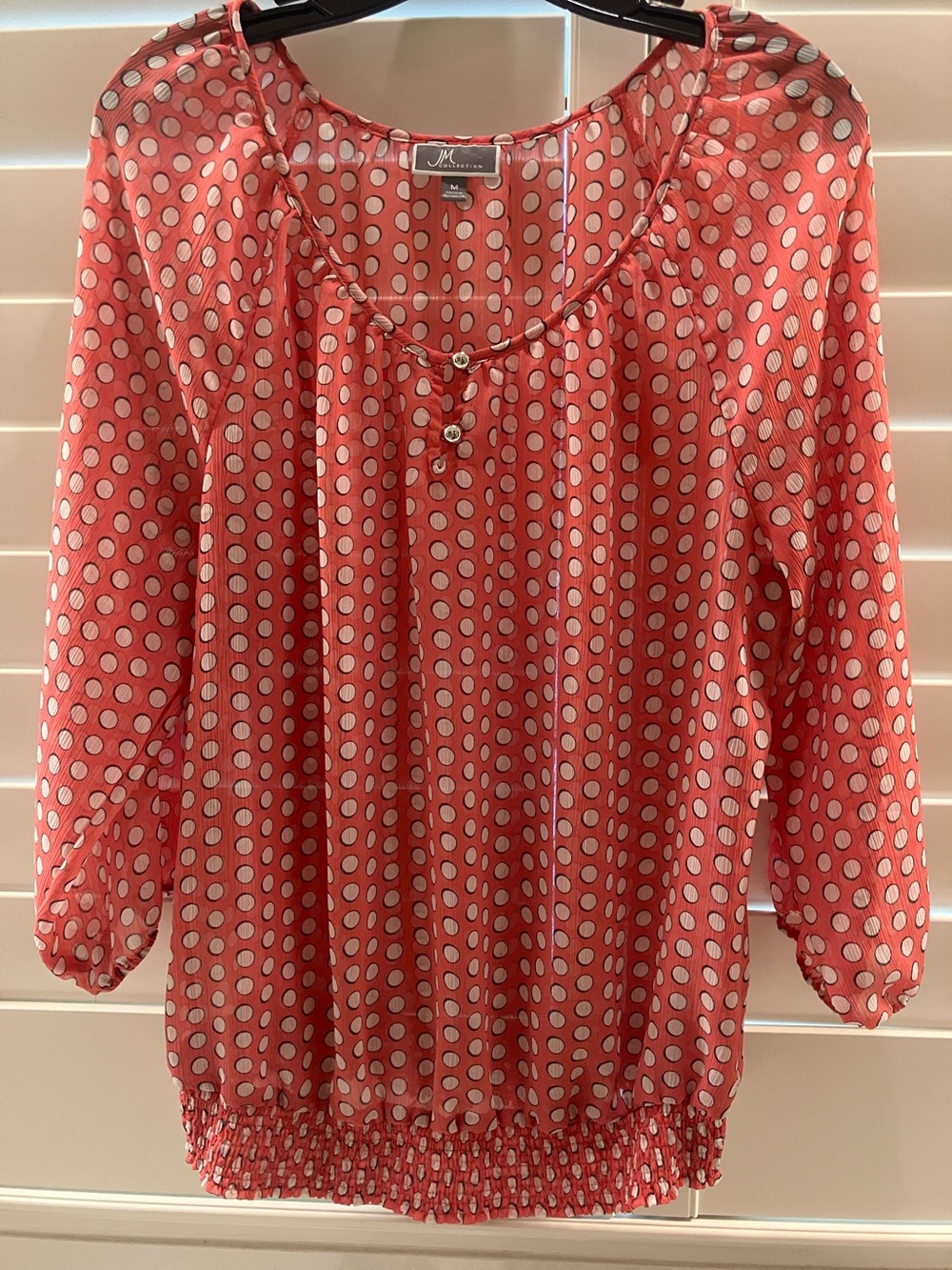 JM Collection Coral and White Polka Dot Peasant Blouse